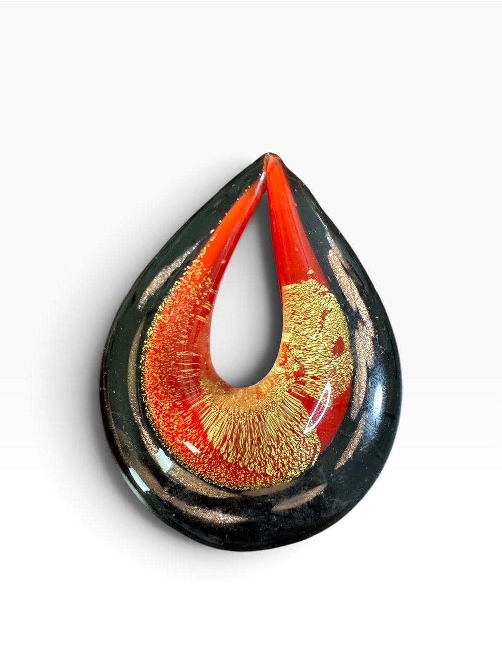 Handmade Red and Black Glass Teardrop Pendant with Gold Accent